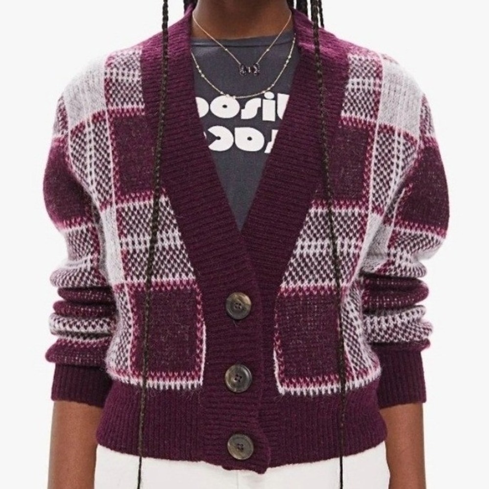 MOTHER Women Cardigan XS Burgundy Plaid Alpaca Blend Cropped Button Front